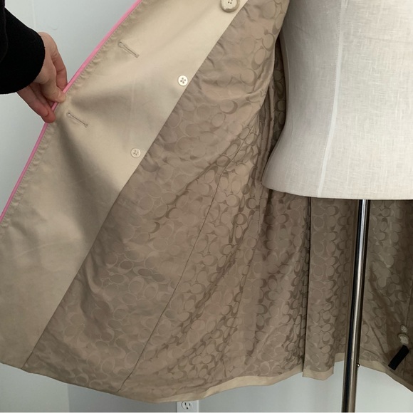 COACH Classic Double Breasted Trench Coat Beige with Pink Trim Size Large - Picture 7 of 13
